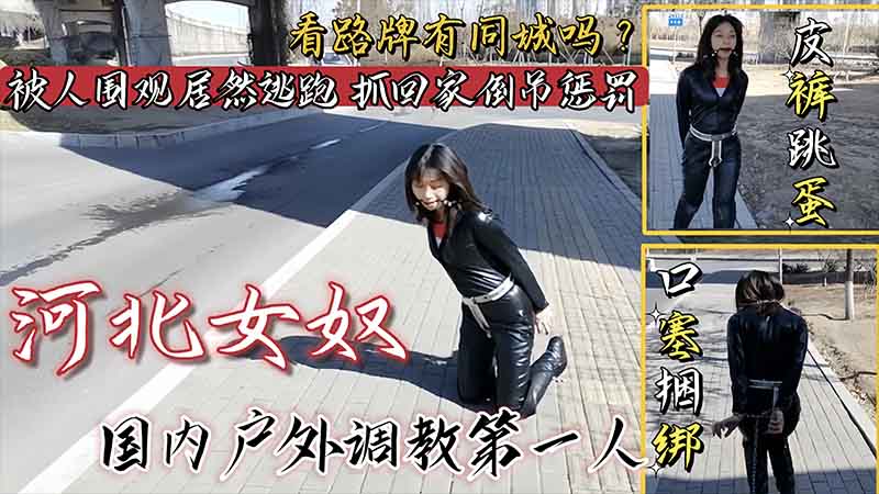 【国产调教】女奴皮裤跳蛋口塞捆绑户外调教_看路牌有同城的吗？被人围观居然不听指挥害羞逃跑。抓回家里直接倒吊惩罚强制高潮