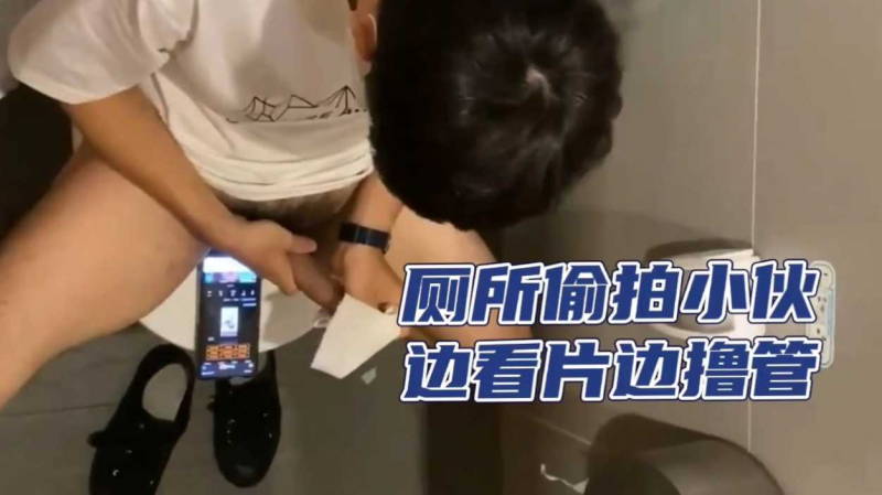厕所偷拍小伙边看片边撸管