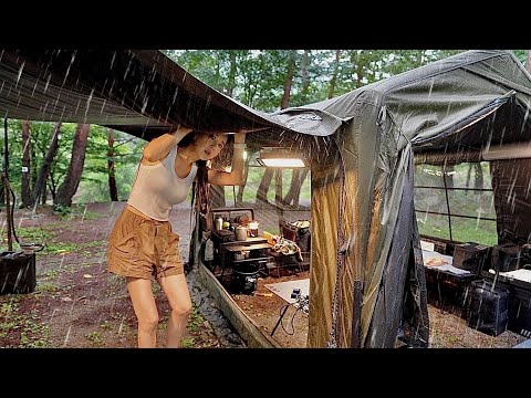 雨中独自露营——整夜湿身、台风、大雨、舒适的帐篷、ASMR --yoyocamp